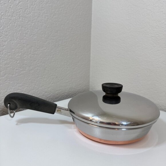 VTG Revere Ware 7 in Skillet Fry Pan SS Copper Bottom 1801 Clinton USA w/ Lid - Picture 1 of 16